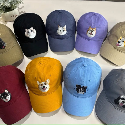 【カスタマイズ】オリジナル刺繍猫・犬の顔入りキャップ